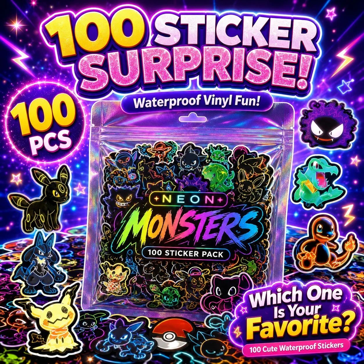100pcs Neon  Pokémon  Stickers - Laptops review and price